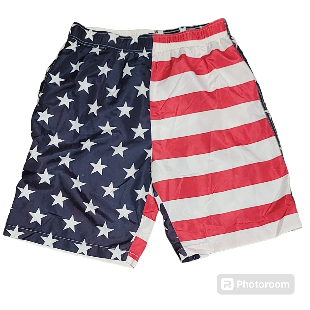 Original Deluxe Board Shorts LARGE Blue Red White American Flag Swim Trunks